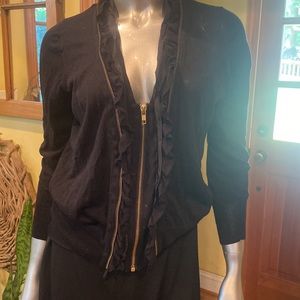 J.Crew sweater zip cardigan top with gold zippers and riffle around neck w/ silk